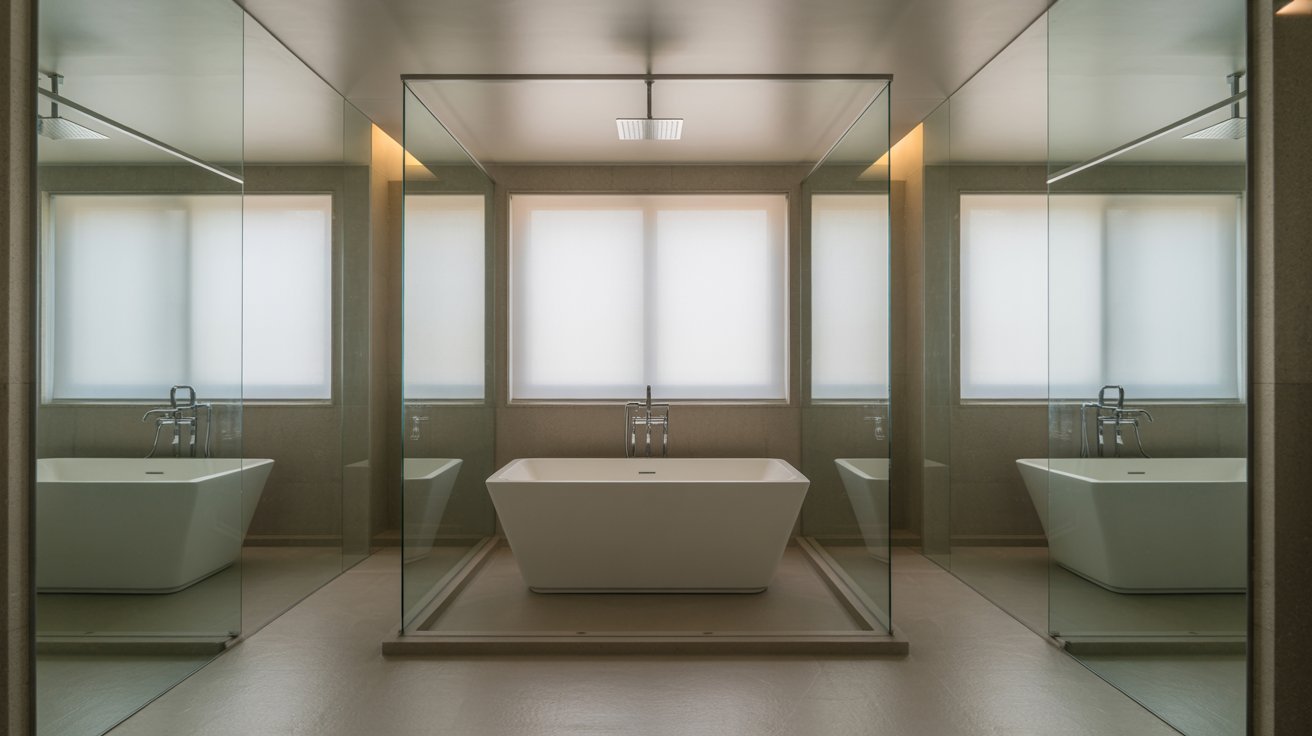 Bright bathroom showcasing a large mirror and a luxurious tub, enhancing the space's elegance.