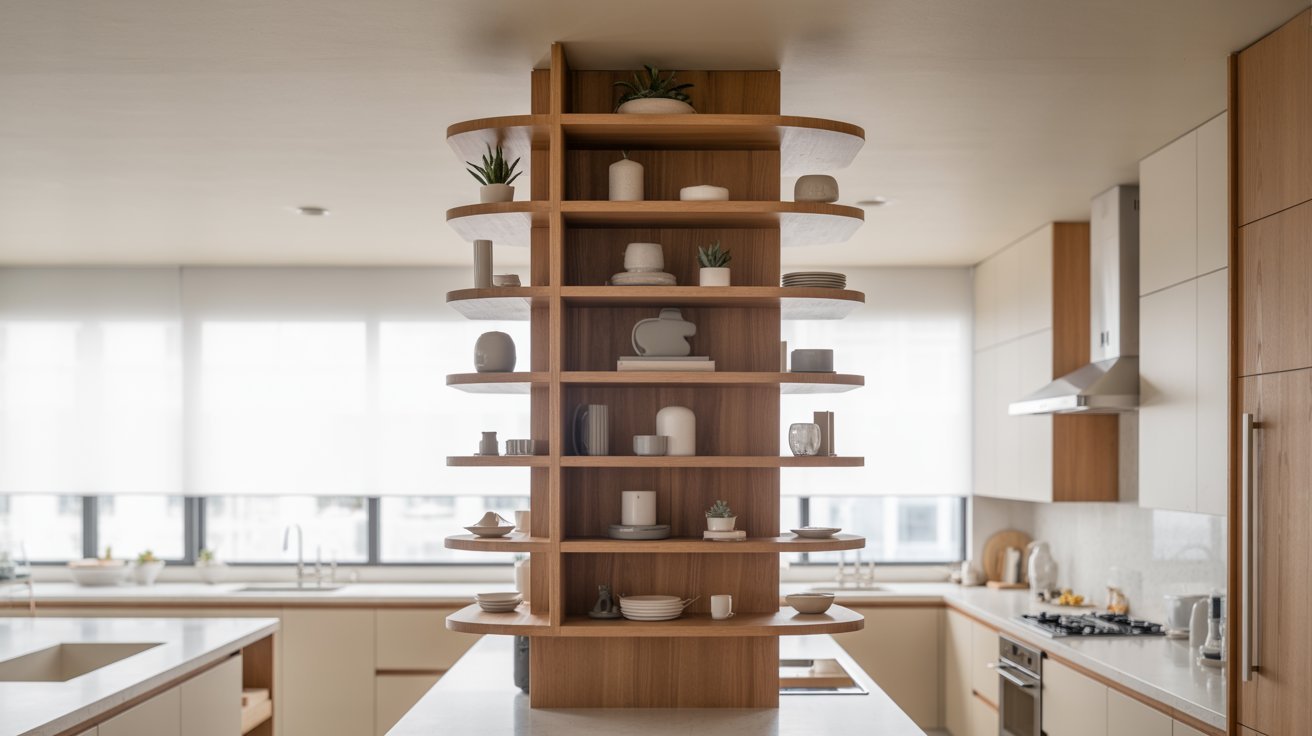 A kitchen interior with a tall shelf for storage and a sink, highlighting a practical design for meal preparation.