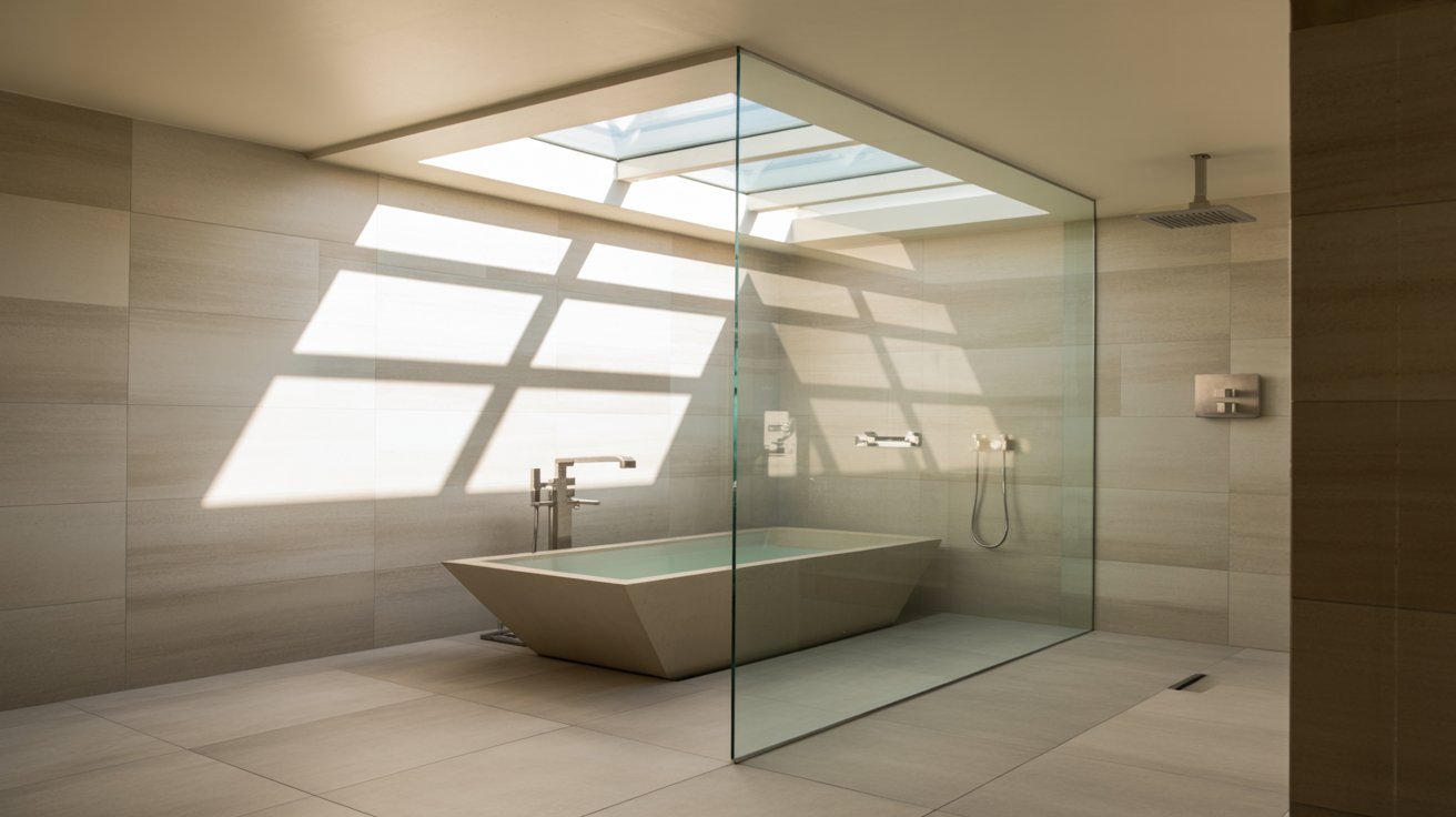  A modern bathroom featuring a skylight and glass walls, allowing natural light to illuminate the space.