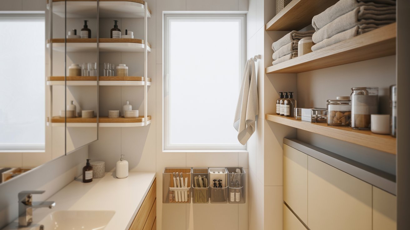 A well-organized bathroom with shelves displaying various towels.