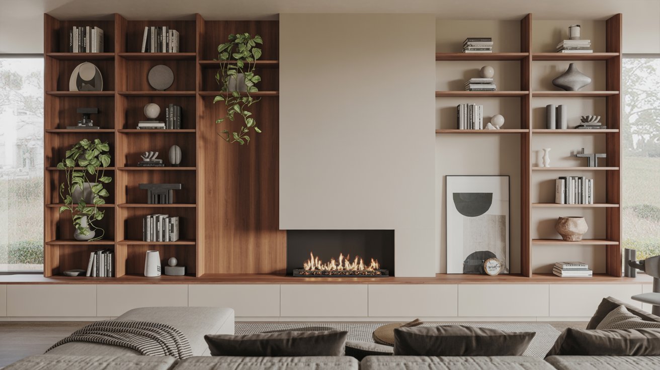 Asymmetrical Built Ins Around Fireplace for Off-Center Layouts