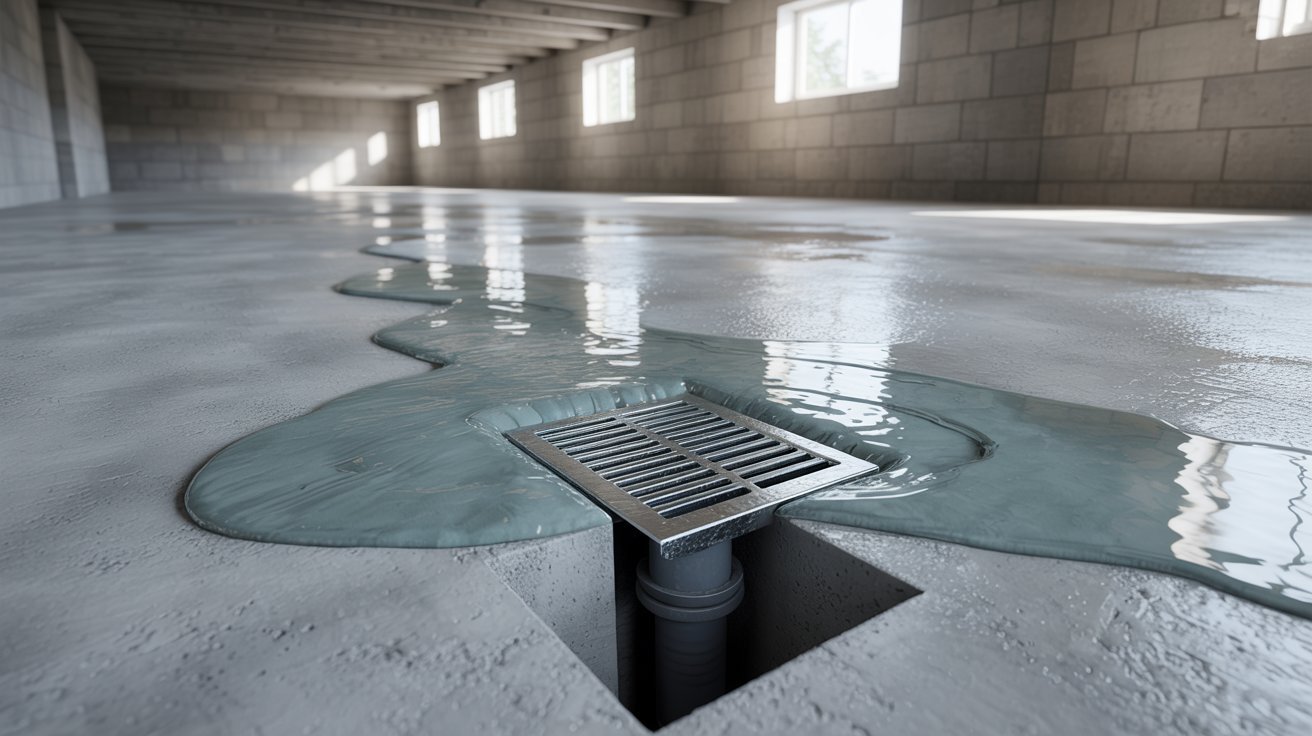 A concrete floor features a drain with water flowing out of it, creating a small puddle nearby.