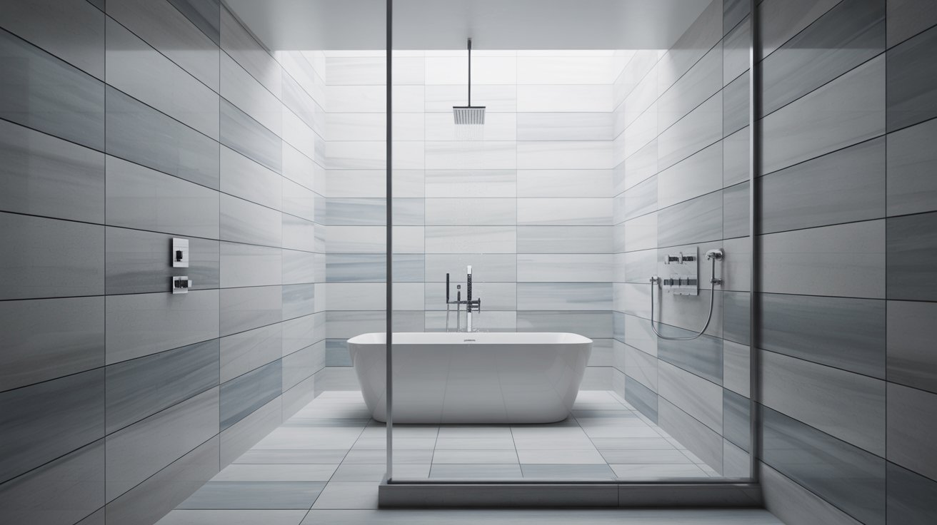  A sleek modern bathroom featuring a glass shower door and contemporary fixtures.