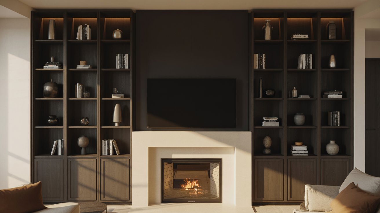 Black Built Ins Around Fireplace for Bold Contrast