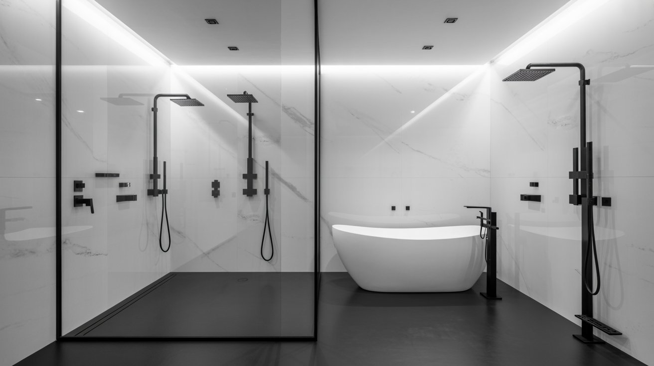 A black and white bathroom featuring a bathtub and a shower, showcasing a modern and minimalist design.