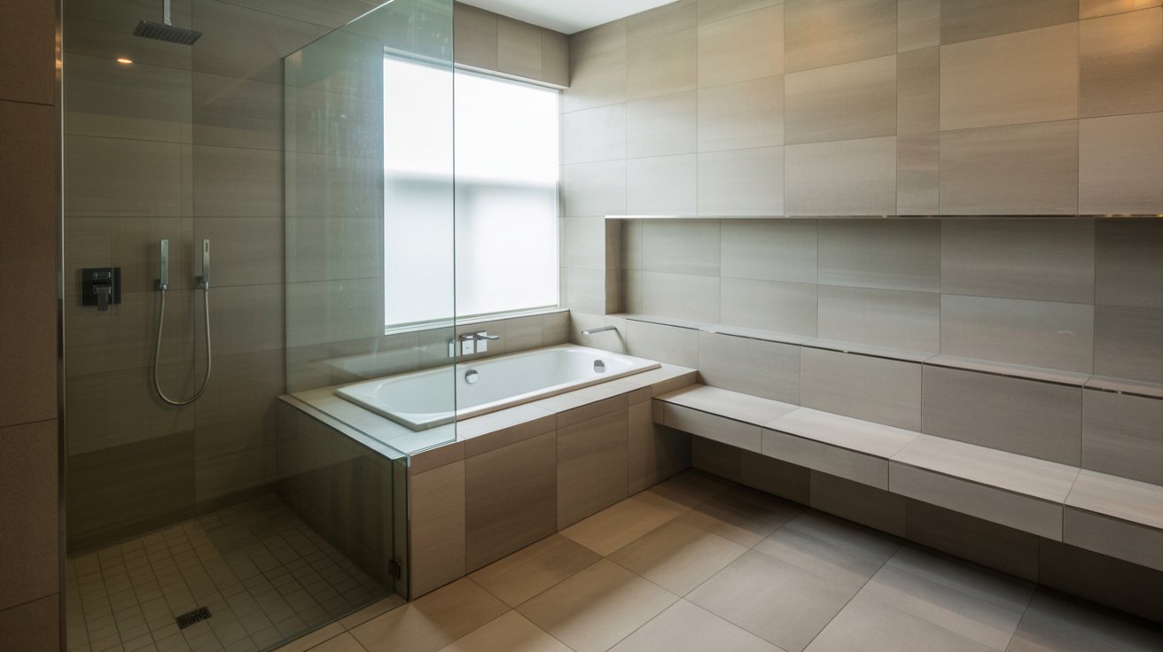 A modern bathroom featuring a spacious glass shower and a stylish bathtub.