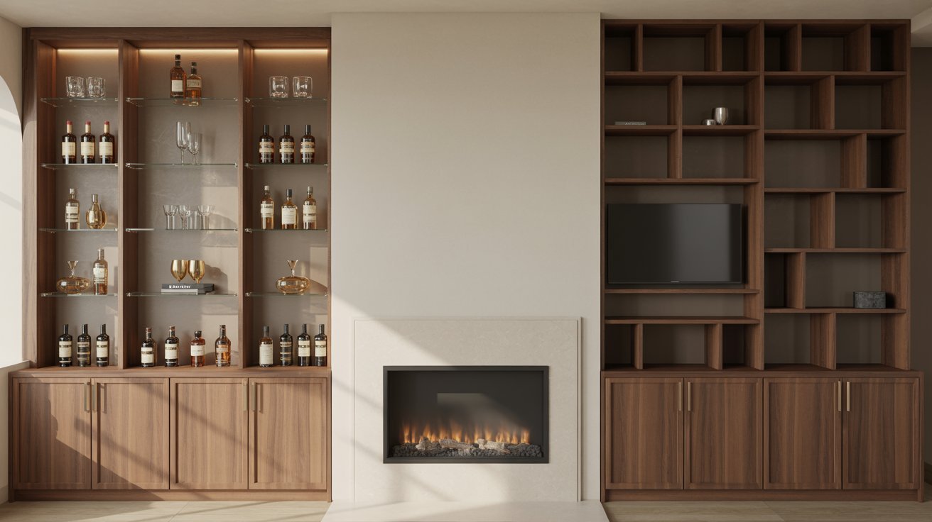Built Ins Around Fireplace with Bar Storage