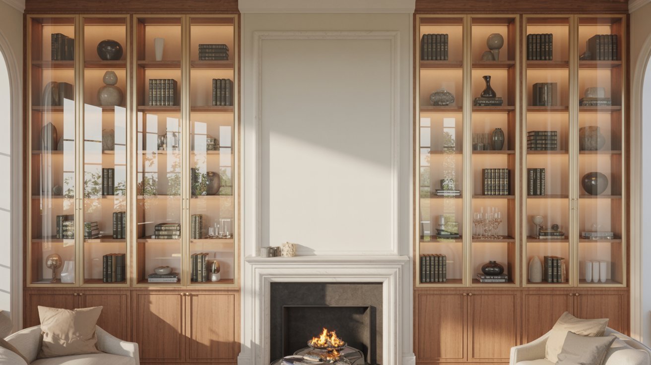 Built Ins Around Fireplace with Glass Cabinets