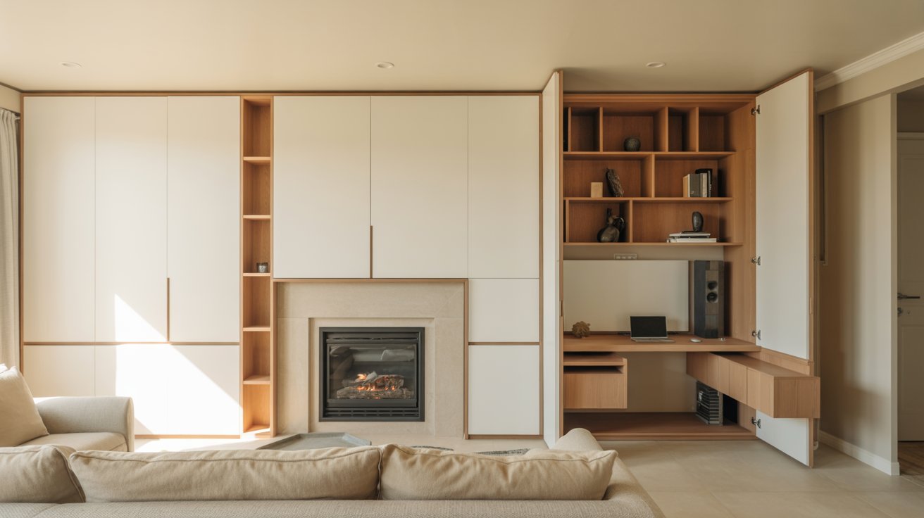 Built Ins Around Fireplace with Hidden Office Space