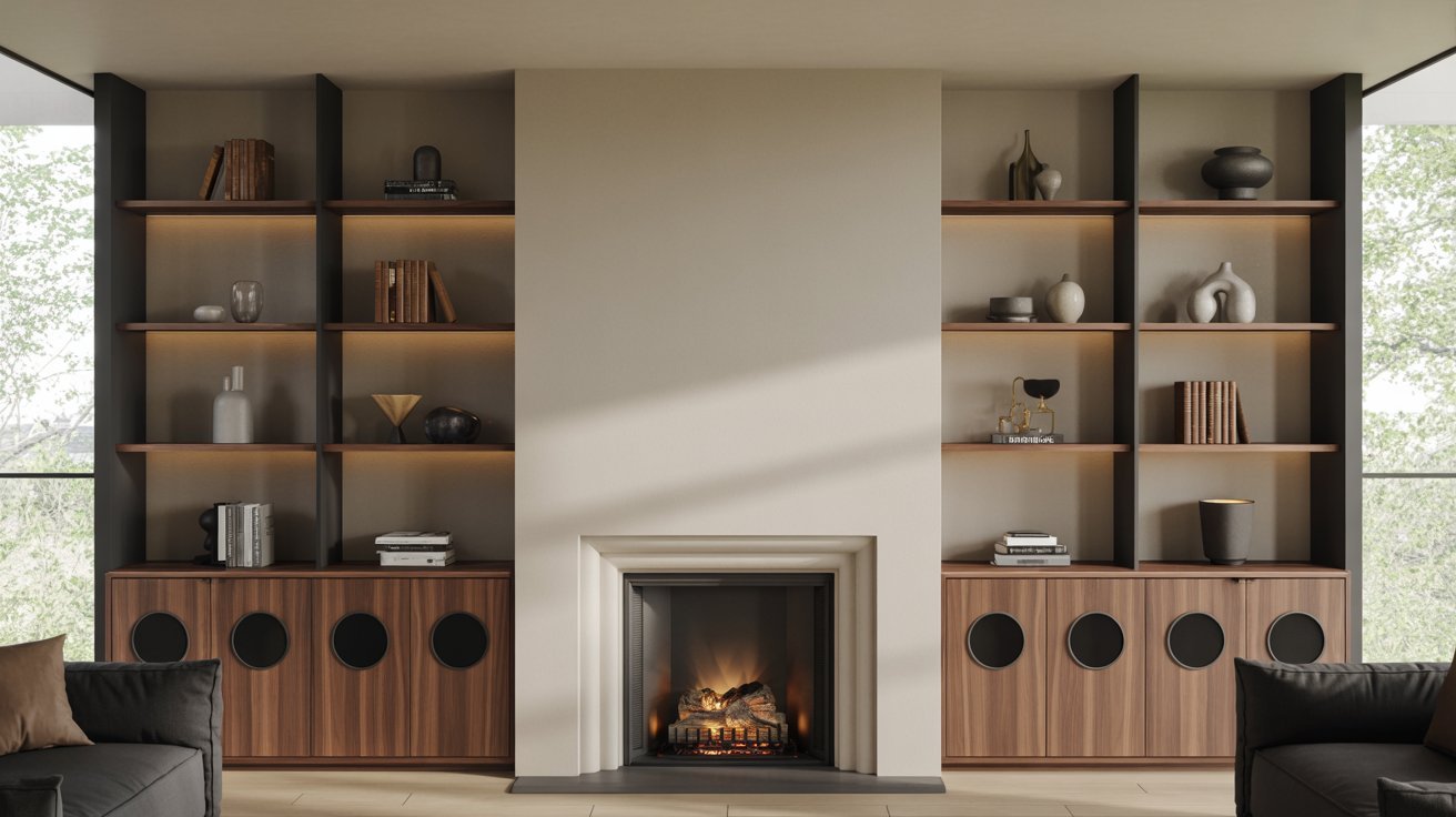 Built Ins Around Fireplace with Integrated Speaker Storage