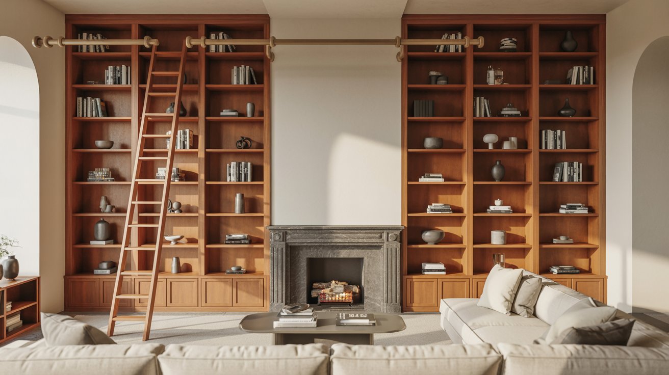 Built Ins Around Fireplace with Ladder Shelving