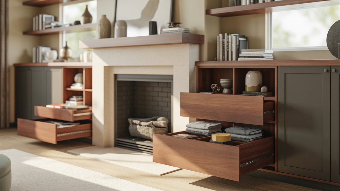 Built Ins Around Fireplace with Pull-Out Drawers