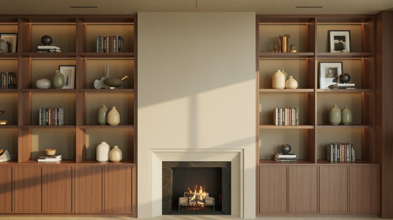 Built Ins Around Fireplace with Recessed Lighting