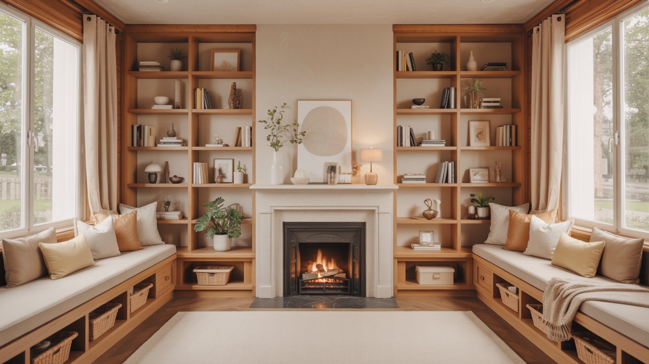 Built Ins Around Fireplace with Seating