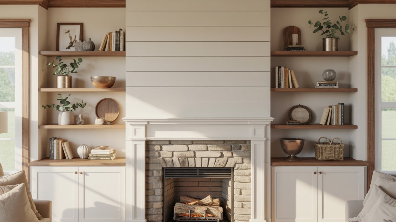 Built Ins Around Fireplace with Shiplap Backing