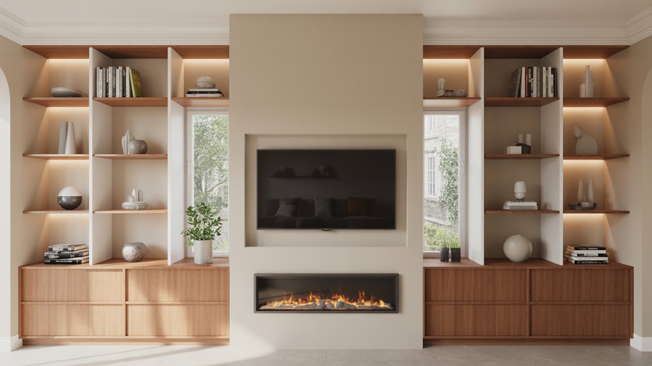 Built Ins Around Fireplace with TV and Storage
