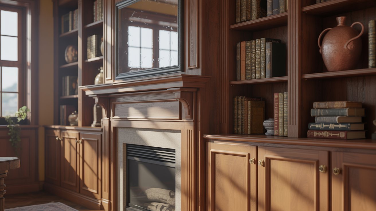 Built Ins Around Fireplace with Vintage Hardware
