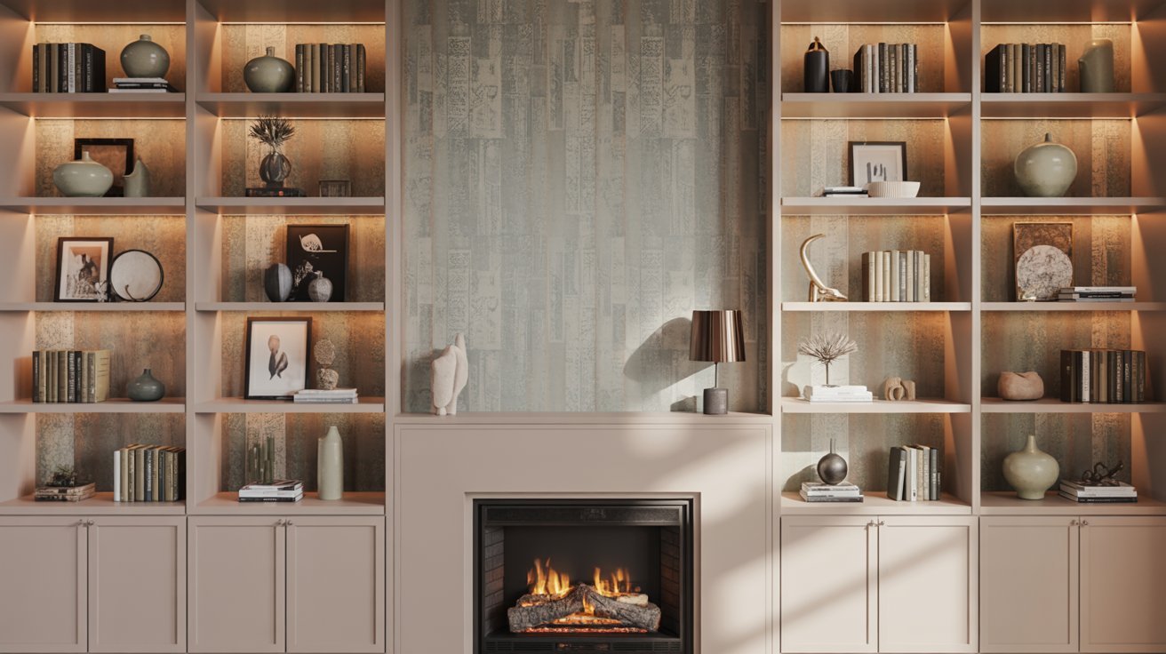 Built Ins Around Fireplace with Wallpaper Backing
