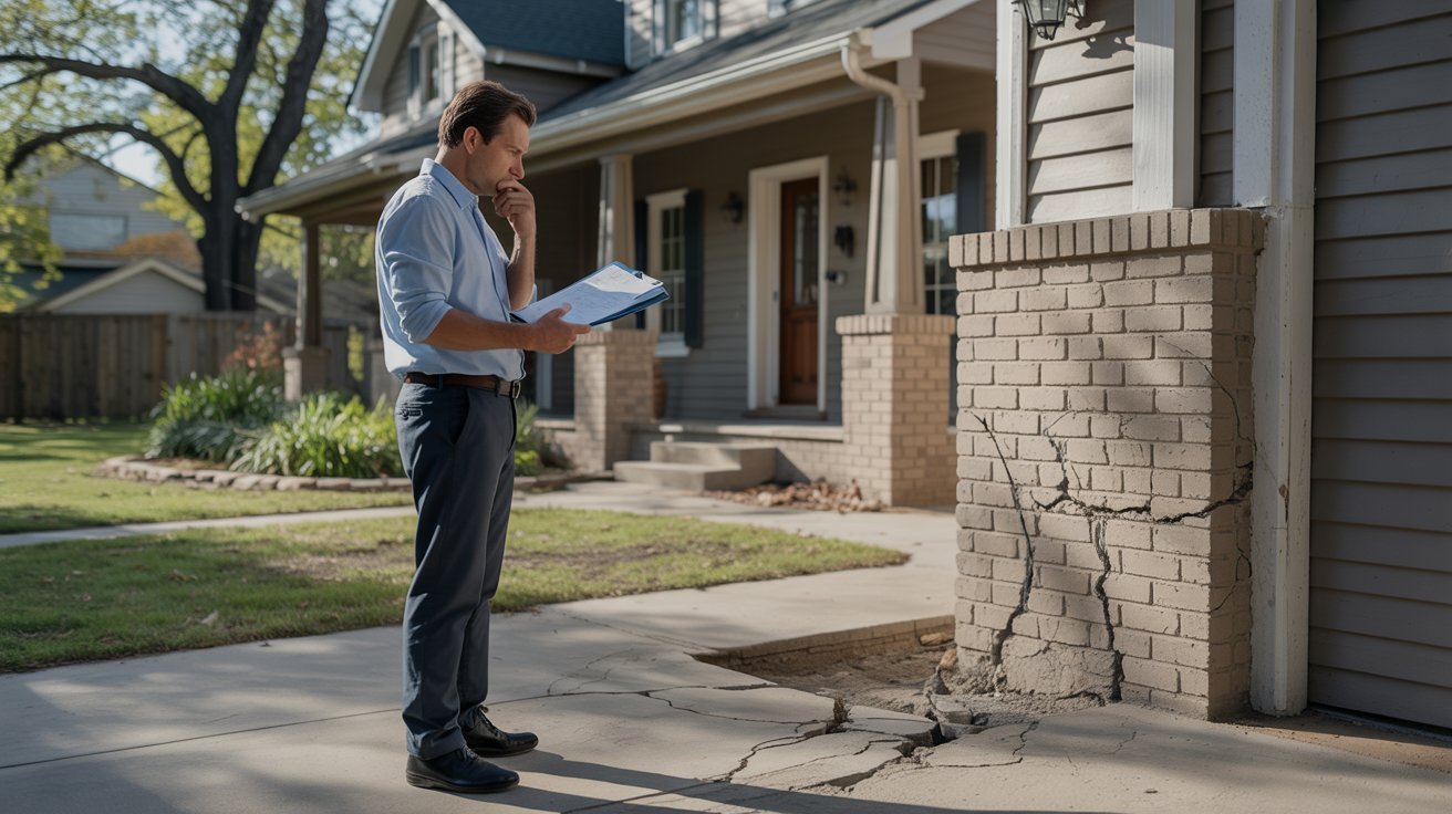  A man stands in front of a house, with a visible crack in the sidewalk leading up to the entrance.