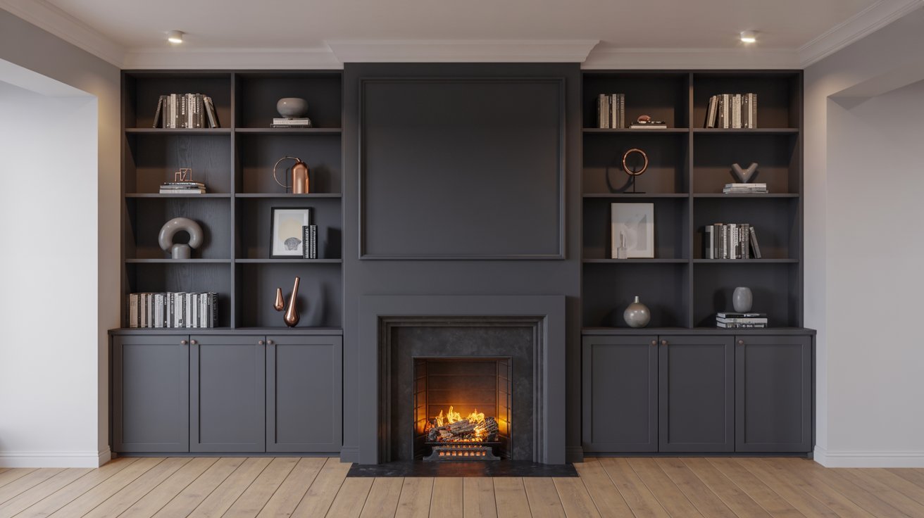 Charcoal Grey Built Ins Around Fireplace