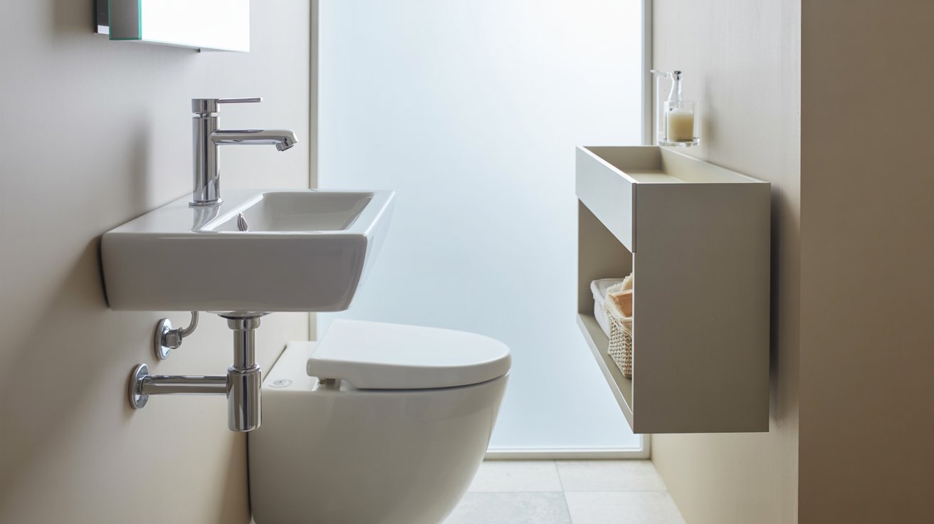  A bathroom featuring a sink, toilet, and a mirror above the sink, with neutral-colored walls and tiled flooring.
