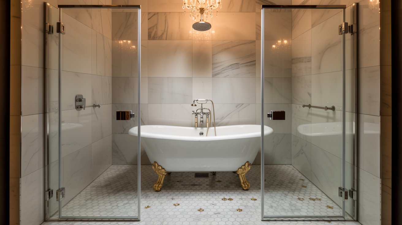  A clean bathroom featuring a bathtub and a shower, with neutral-colored tiles and modern fixtures.
