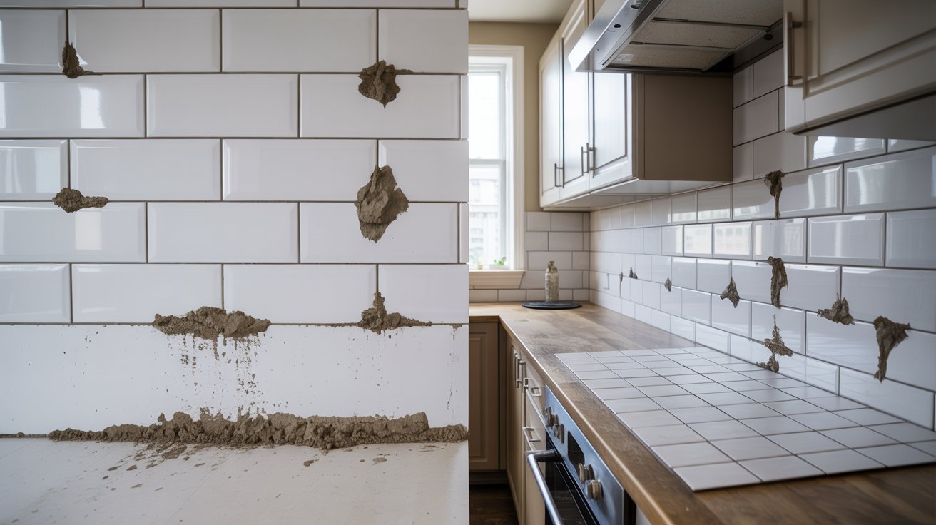 A kitchen featuring a broken tile wall and a sink, highlighting the need for repairs and maintenance.