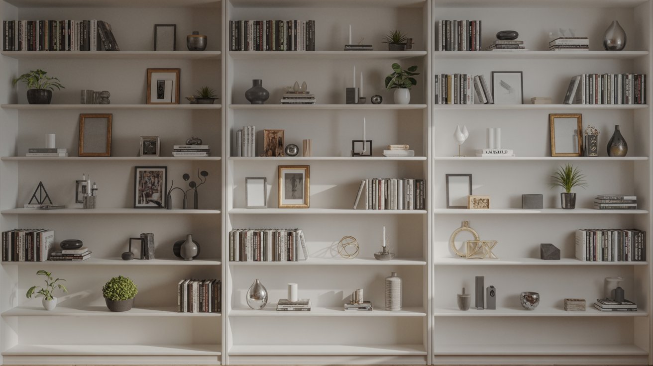 A white bookcase filled with various books and decorative items, showcasing an organized and stylish display.