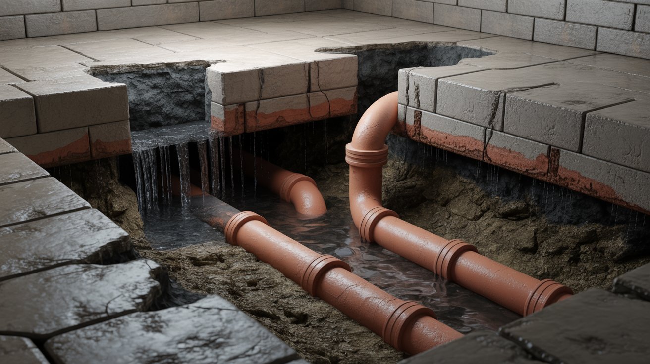 A pipe runs through a wall, connecting the outside space to the interior room.