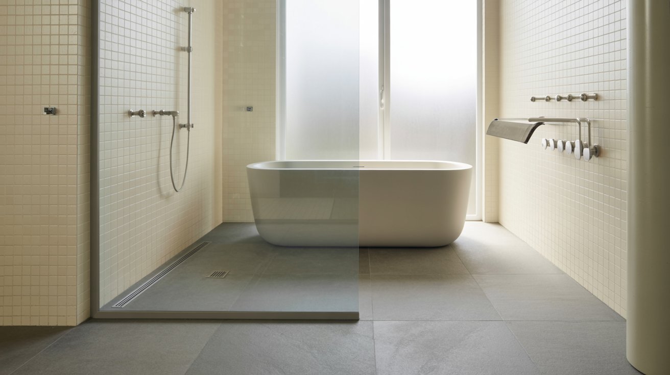 A well-designed bathroom with a sizable tub and a contemporary shower setup.