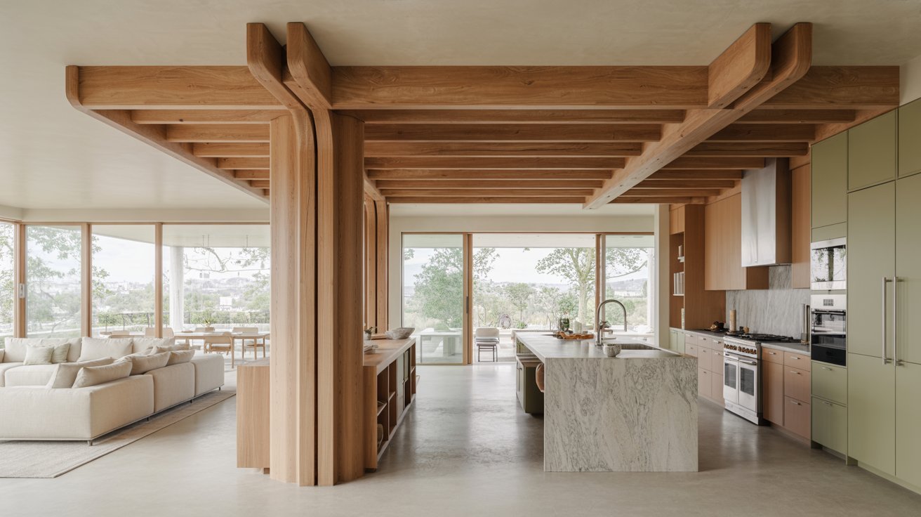 A modern kitchen and living room featuring wooden beams, showcasing a stylish and open-concept design.
