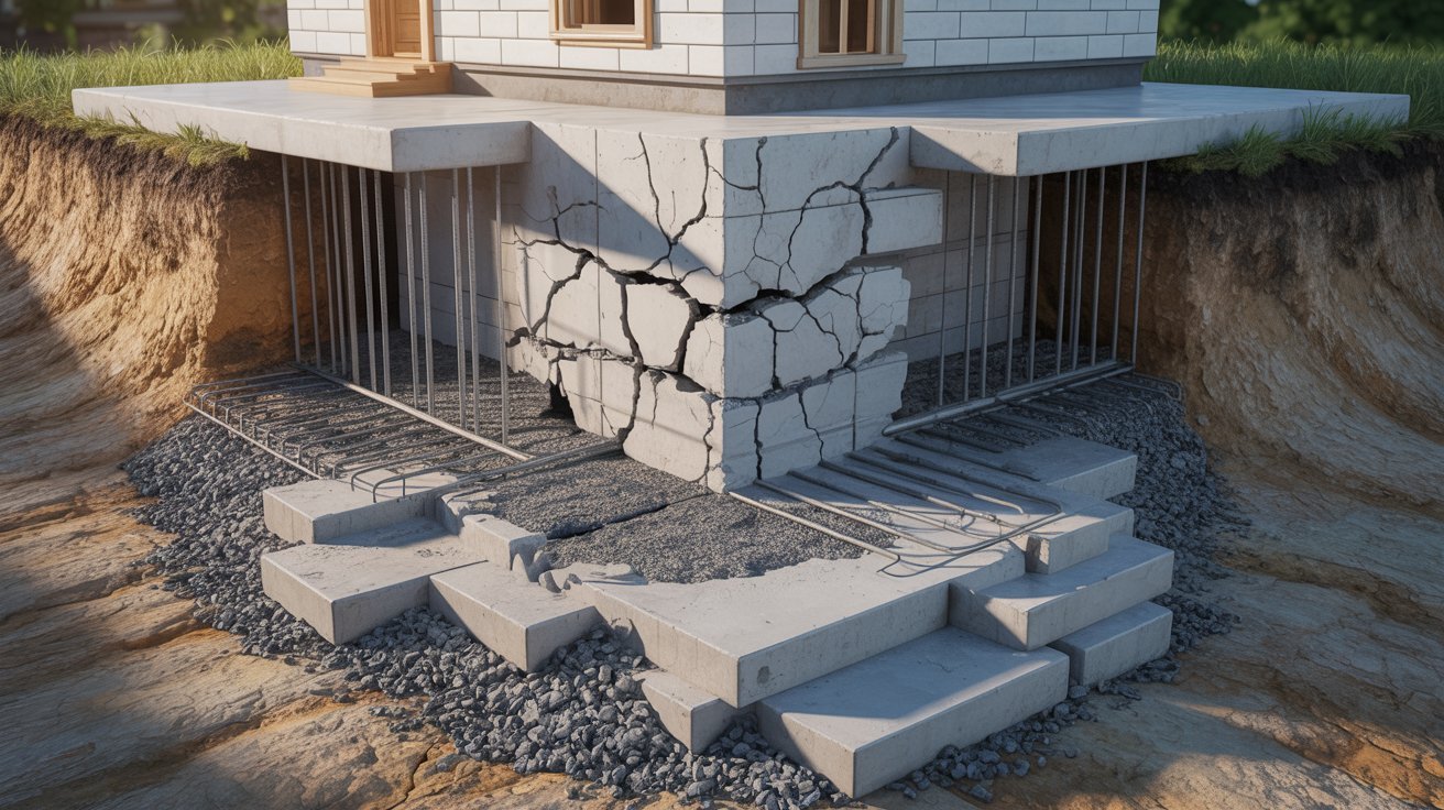 A house is under construction, positioned on a newly laid foundation, showcasing the early stages of building.

