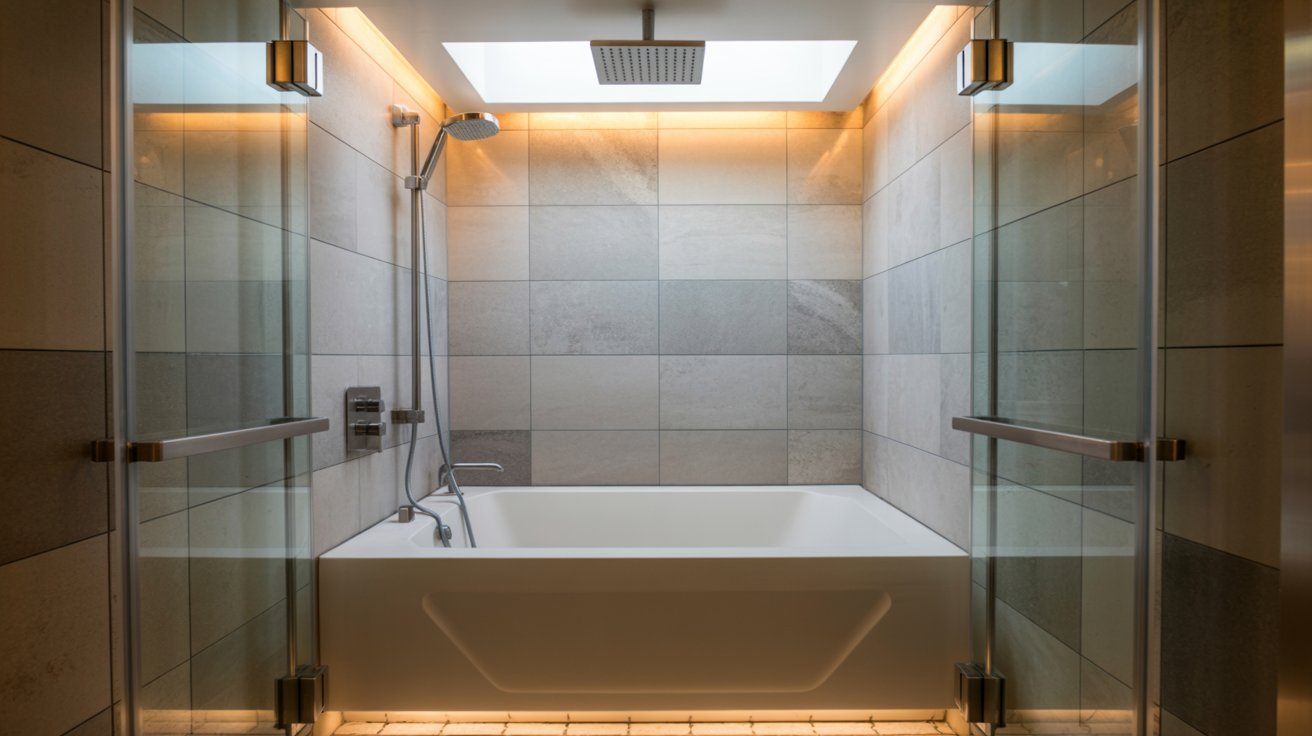 A bright bathroom featuring a skylight above a spacious bathtub, creating an airy and relaxing atmosphere.