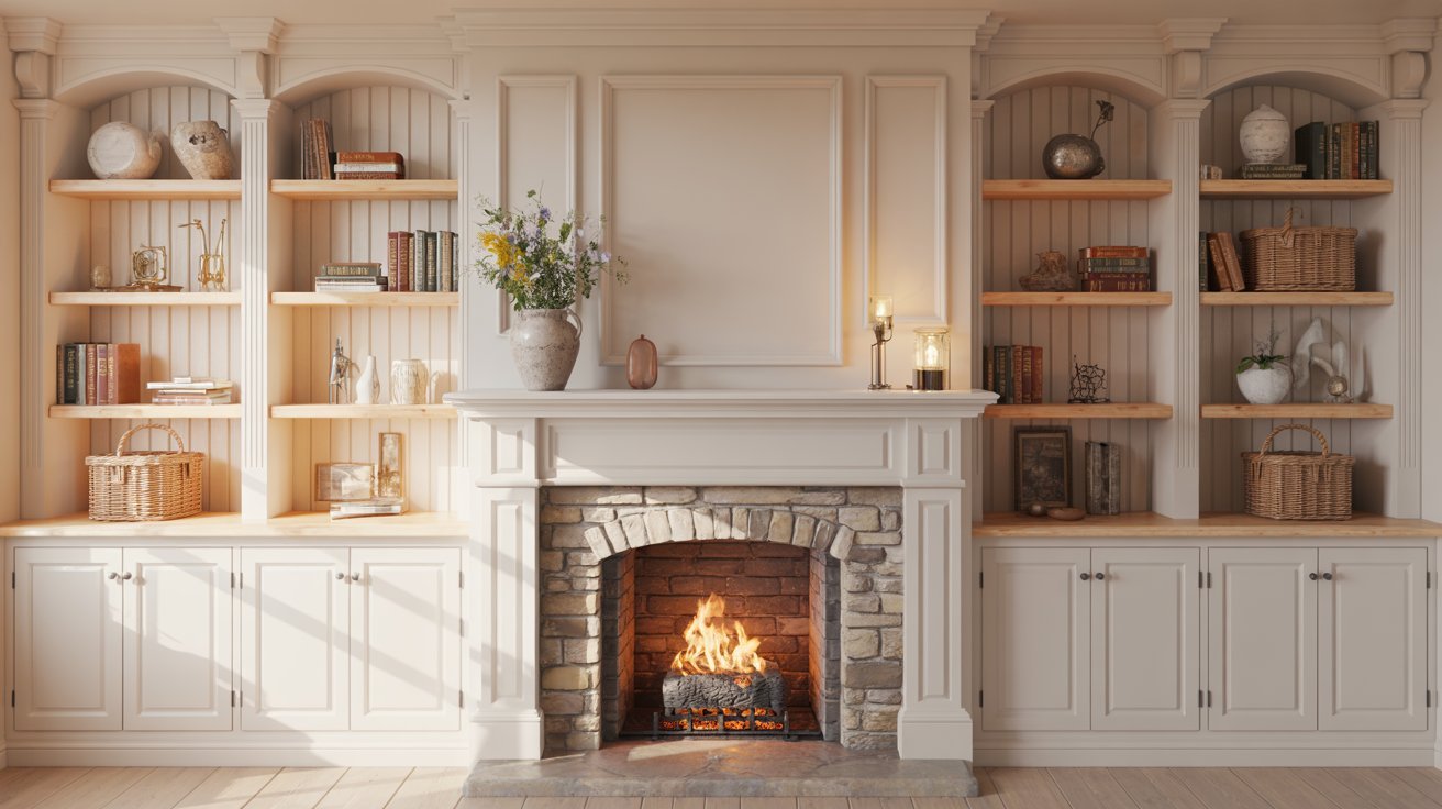 Cottage-Style Built Ins Around Fireplace