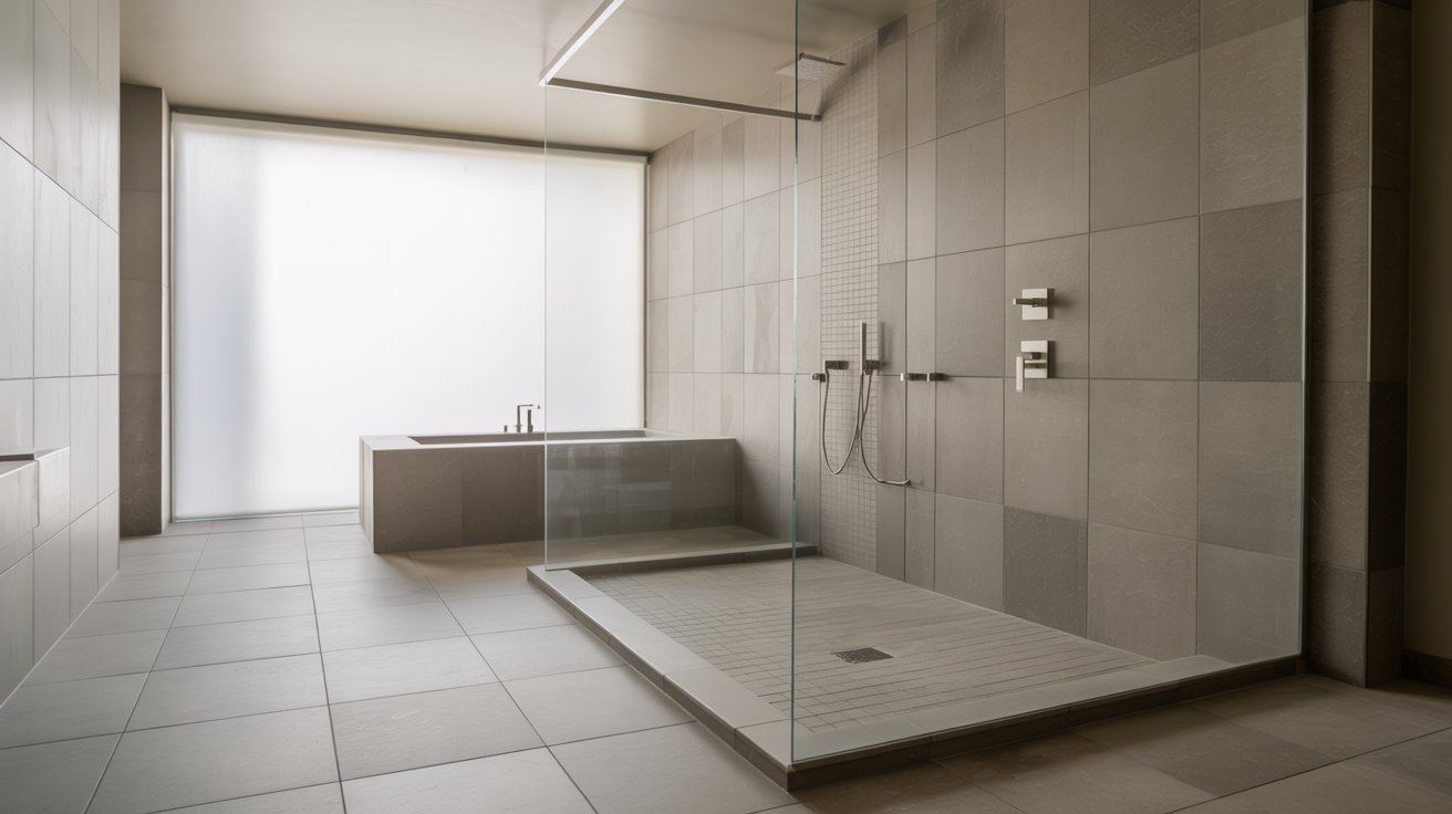  A sleek modern bathroom featuring a glass shower door and contemporary fixtures.
