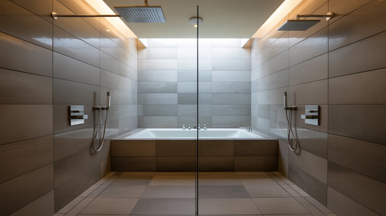 A spacious bathroom featuring a large tub alongside a modern shower, designed for relaxation and comfort.