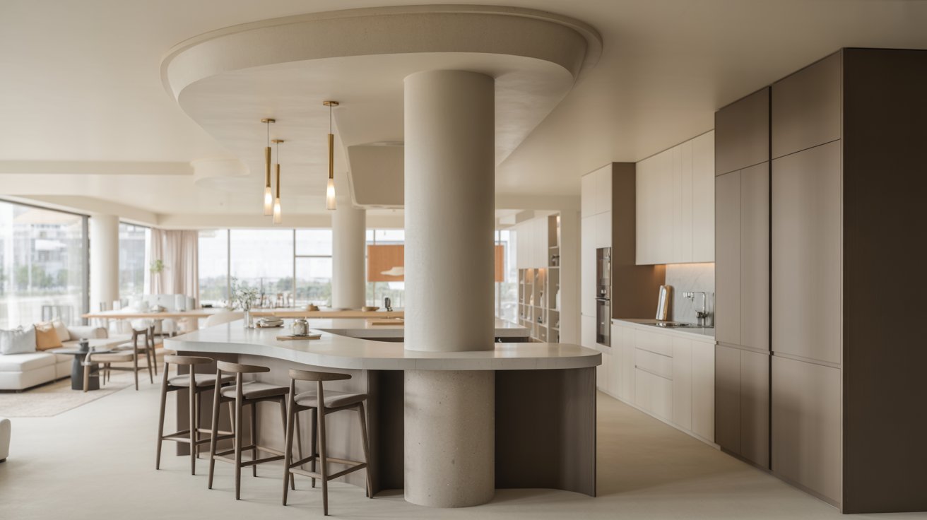  A sleek modern kitchen featuring a spacious island and a stylish bar area for dining and entertaining.