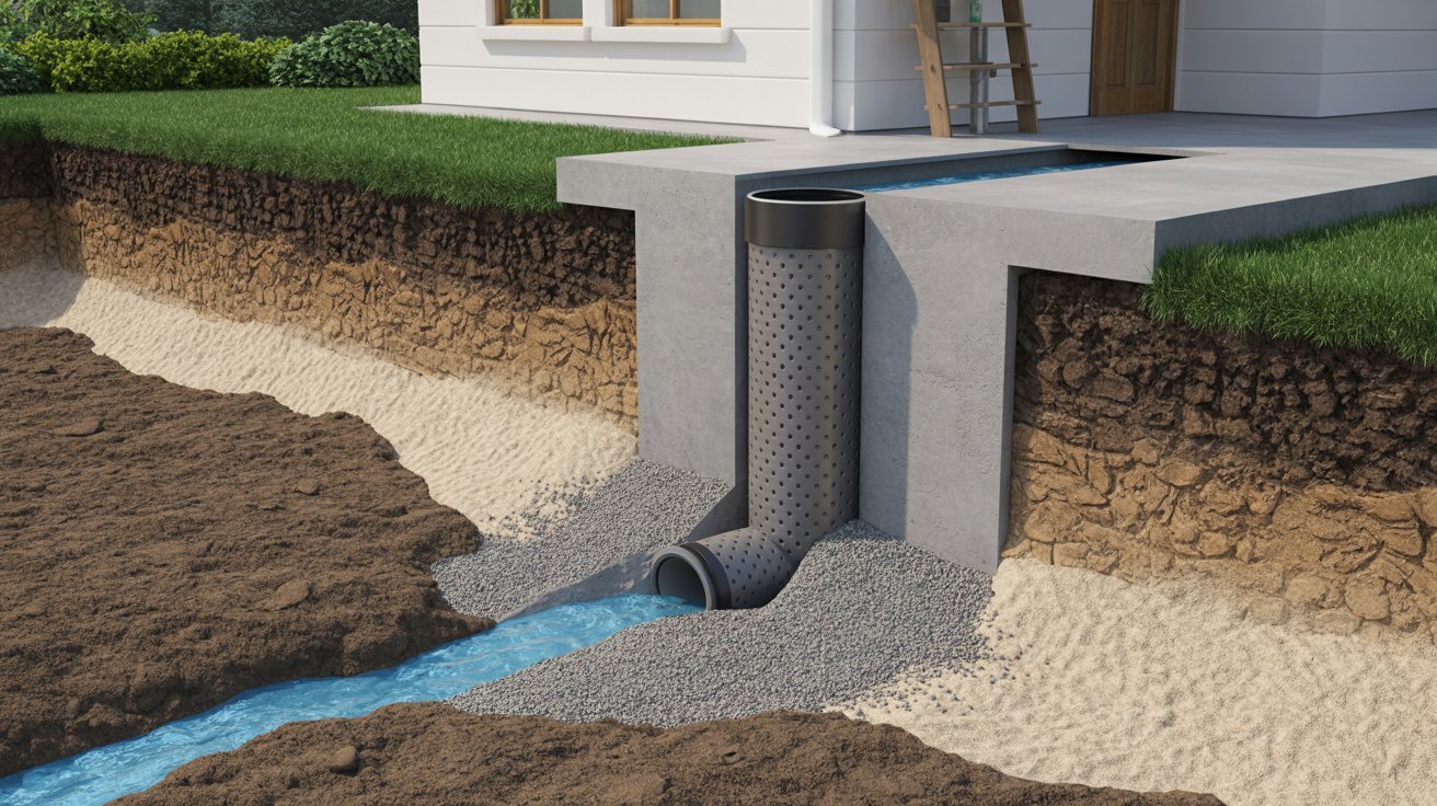 A house with a drain pipe protruding from the ground, indicating a drainage system for rainwater management.