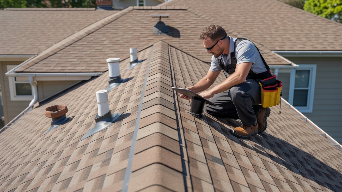  A man on a house roof is using a tablet, appearing concentrated on the screen.