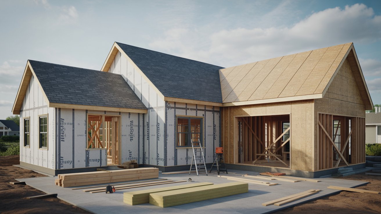 An unfinished house with a roof and siding, indicating ongoing construction work.
