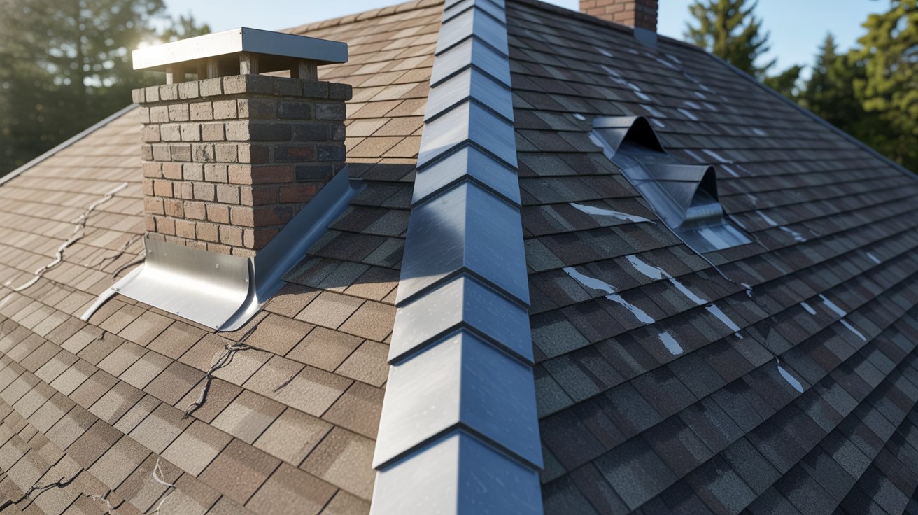 A house roof featuring a chimney with a cap, showcasing a classic architectural design.