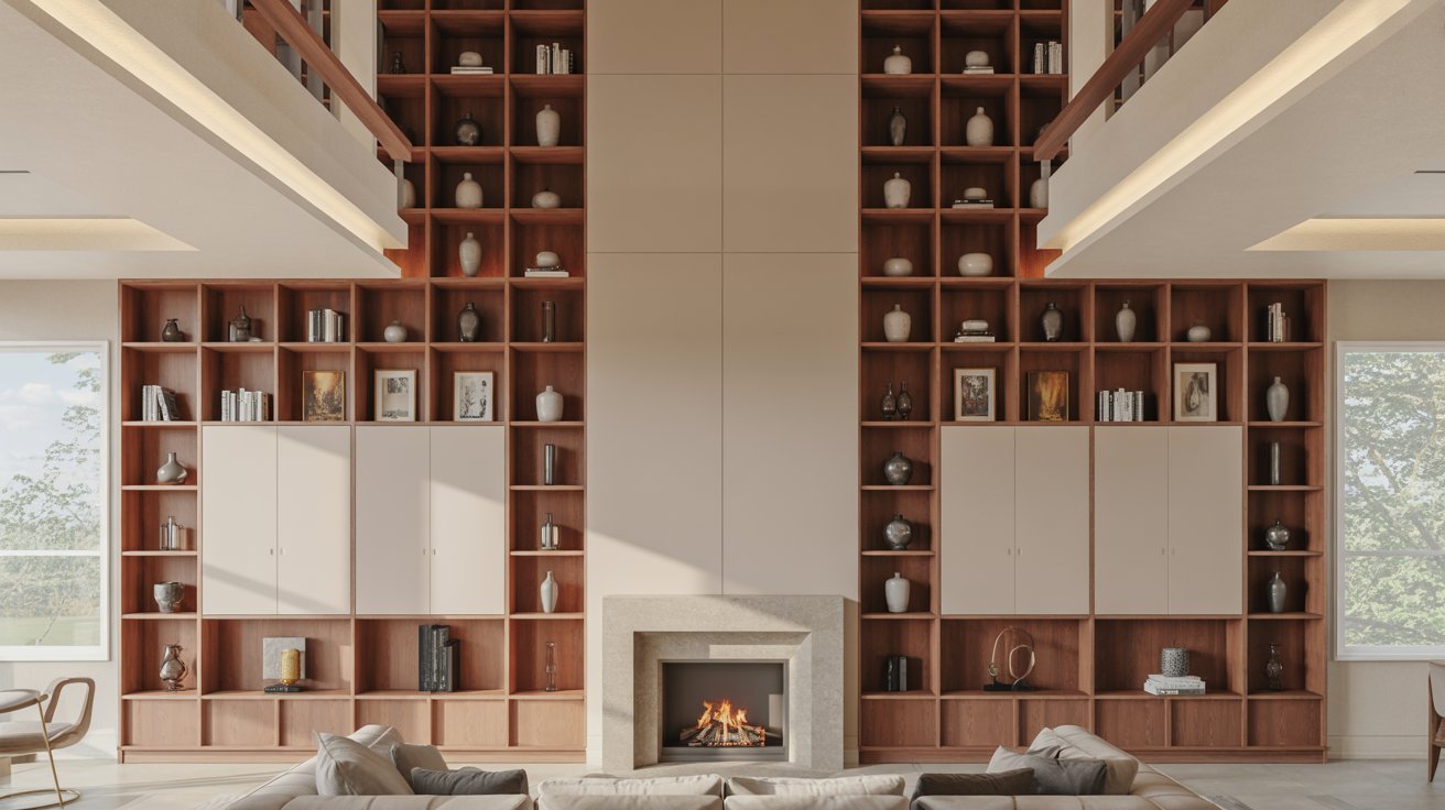 Floor-to-Ceiling Built Ins Around Fireplace