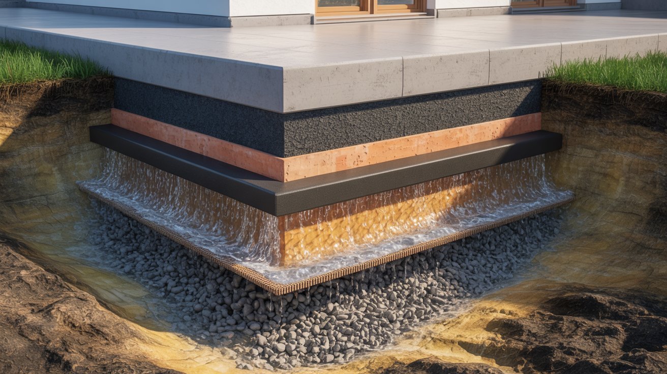 A house featuring a visible water drainage system integrated into its exterior design.