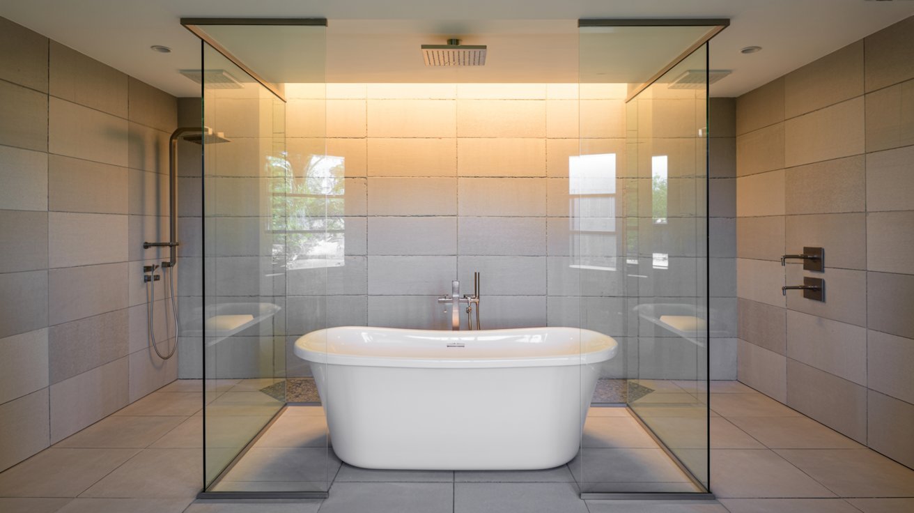 A modern bathroom featuring a spacious glass shower door, enhancing the room's open and airy feel.