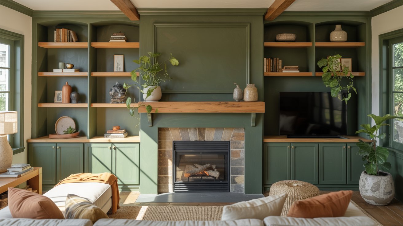 Green Built Ins Around Fireplace for an Earthy Look