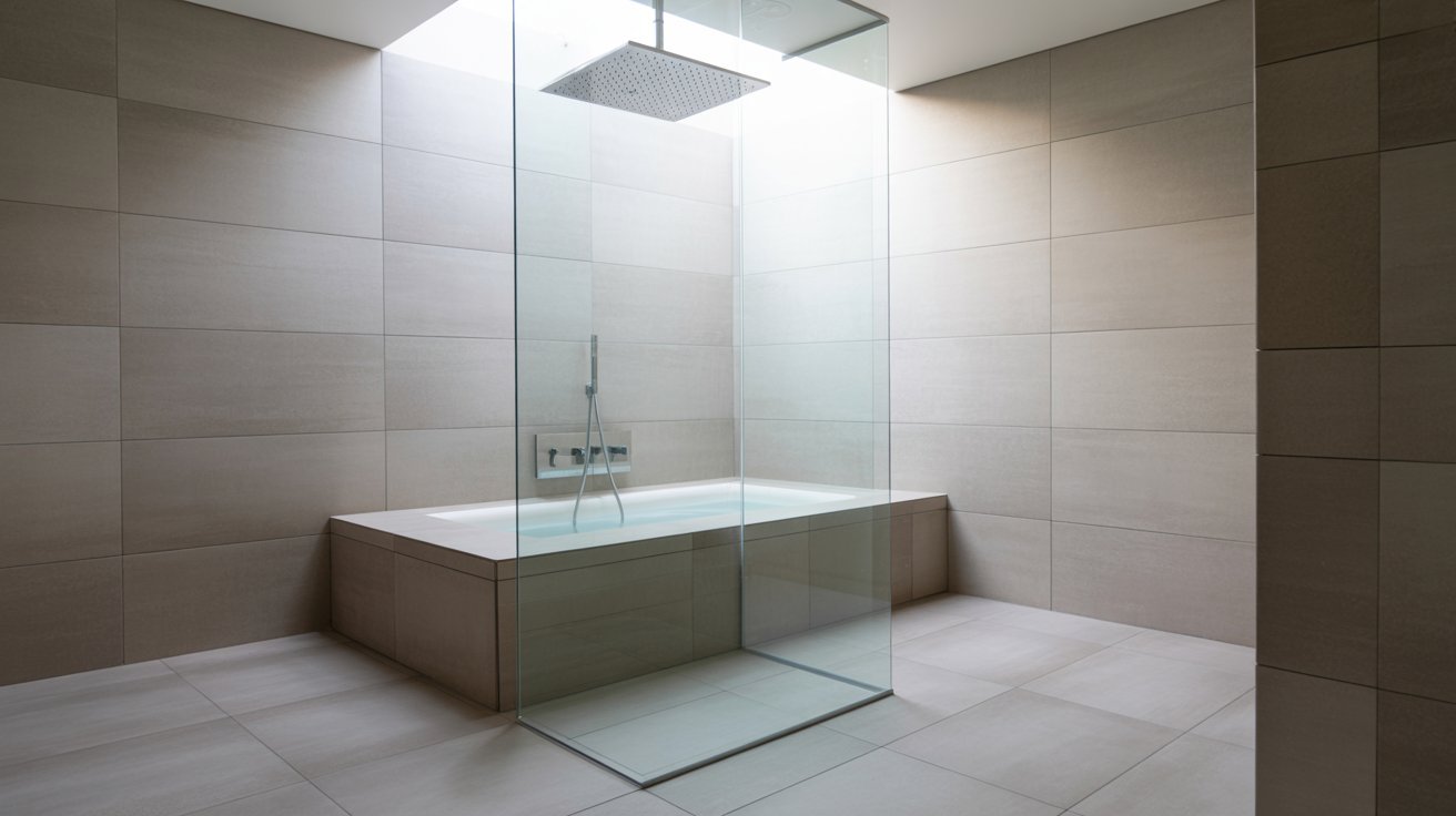 A modern bathroom featuring a sleek glass shower and a stylish bathtub, showcasing contemporary design elements.
