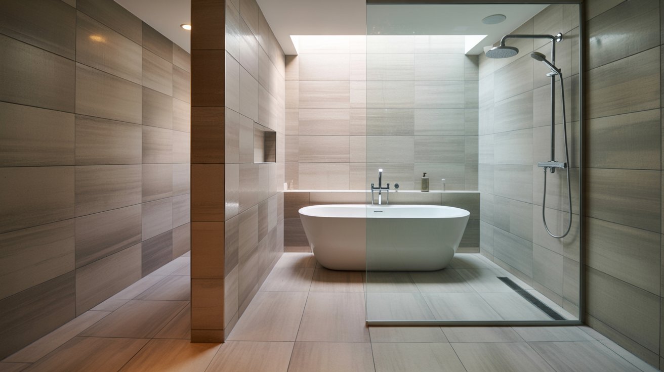 A sleek modern bathroom featuring a stylish bathtub and a contemporary shower area.