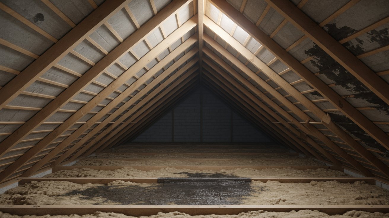  An attic with a sloped roof illuminated by a bright light fixture hanging from the ceiling.