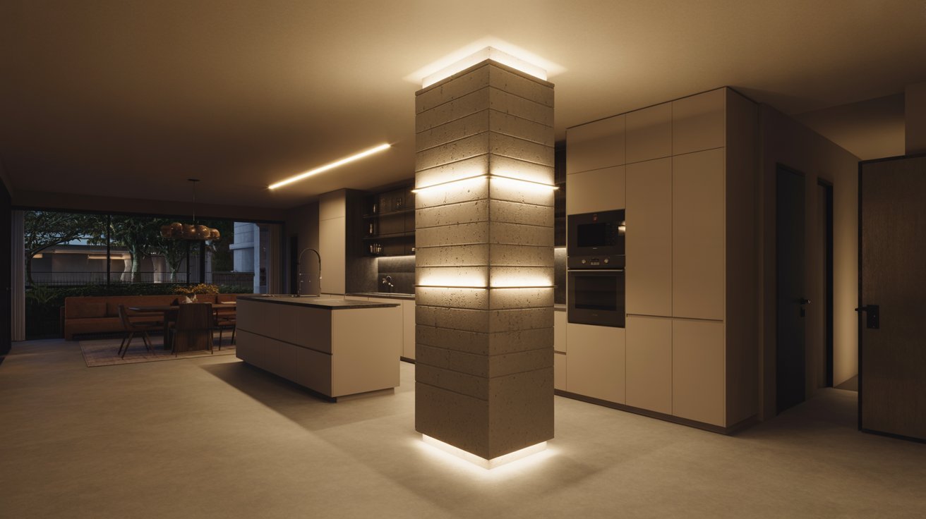 A contemporary kitchen design highlighted by a prominent pillar light fixture.
