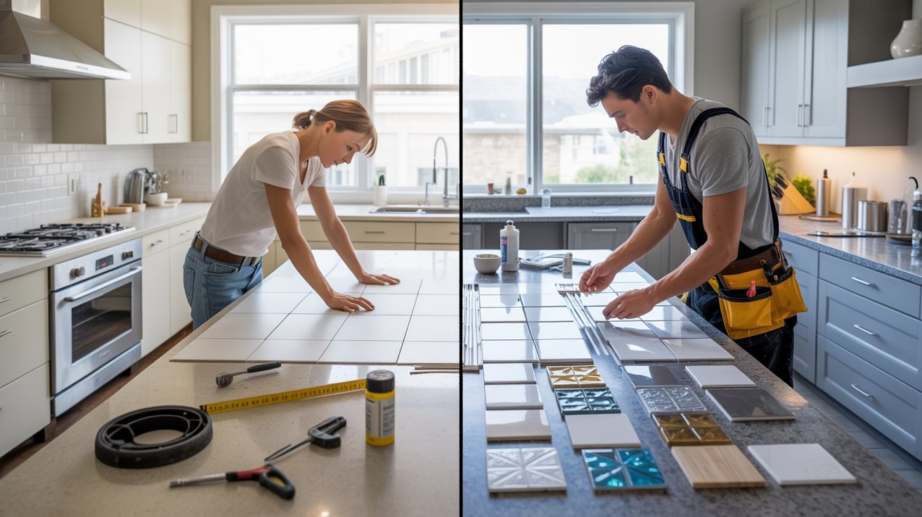 A man and woman collaborate in a kitchen, preparing food and organizing utensils in two separate images.